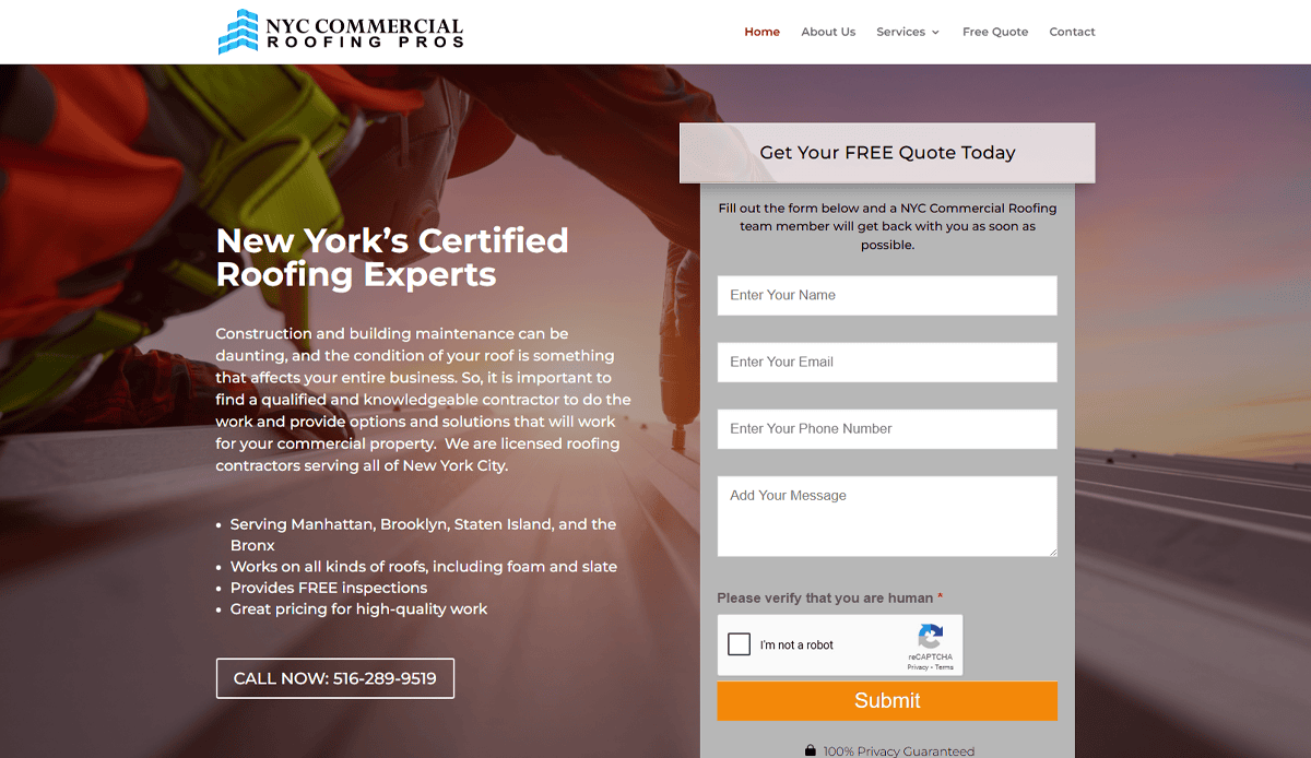 A roofing company’s website, designed to attract local leads, offers a free quote form with fields for name, phone, and message. Services include roof installations and repairs in NYC, set against a city rooftop background.