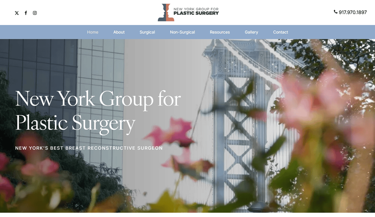 Website homepage for New York Group for Plastic Surgery features a blurred bridge with flowers and a top navigation menu, showcasing a cosmetic surgery website design crafted to build trust and convert patients. Text reads: “New York Group for Plastic Surgery.”.