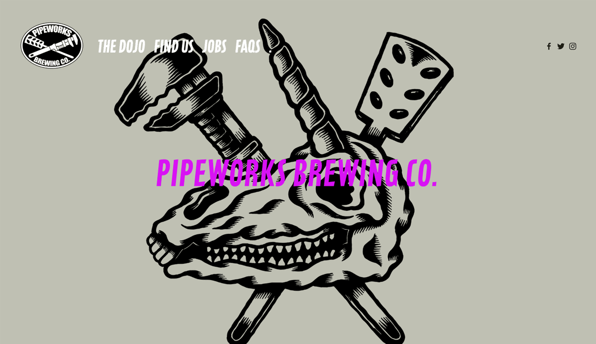 Black and white illustration of an animal skull with a wrench and spiked club crossed behind it, plus a wedge of cheese on top. PIPEWORKS BREWING CO. is written in bold pink text, capturing the latest brewery website design trends.