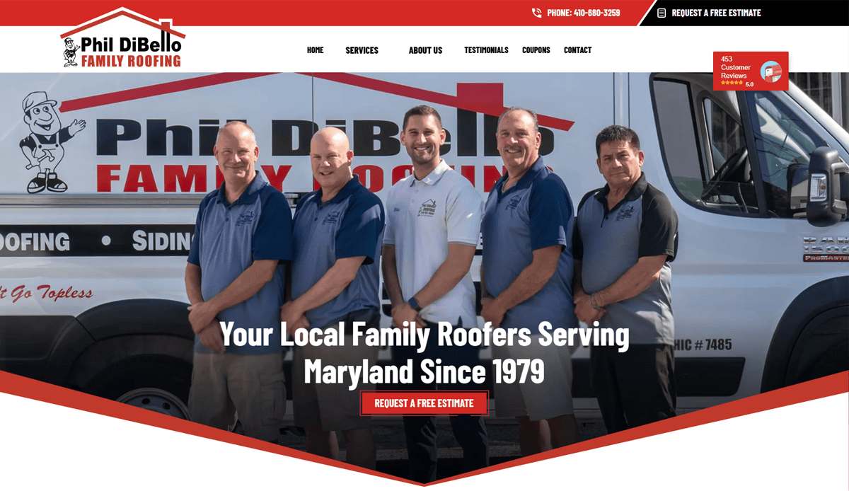 Five men in matching navy shirts stand smiling in front of a Phil DiBello Family Roofing van; text reads, Your Local Family Roofers Serving Maryland Since 1979. Commercial roofing experts—request a free estimate. Company branding appears above.