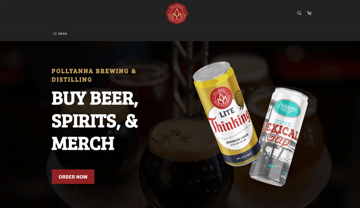 A website banner for Pollyanna Brewing & Distilling featuring cans of Lite Thinking and Mexicali Gap beers, showcasing top brewery website design with the text BUY BEER, SPIRITS, & MERCH and an ORDER NOW button on a dark background.