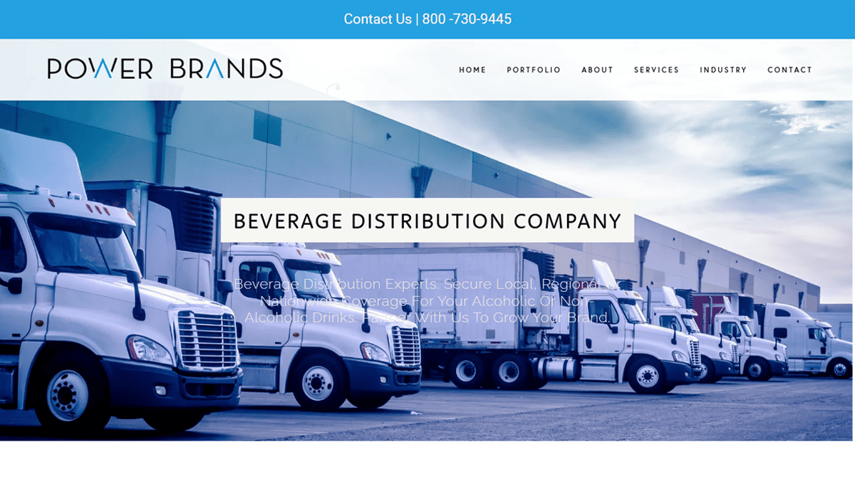 A row of white delivery trucks is parked outside a large warehouse. The website header reads Power Brands, emphasizing beverage distributor website design with navigation links for better SEO and user engagement. Text overlay says Beverage Distribution Company.