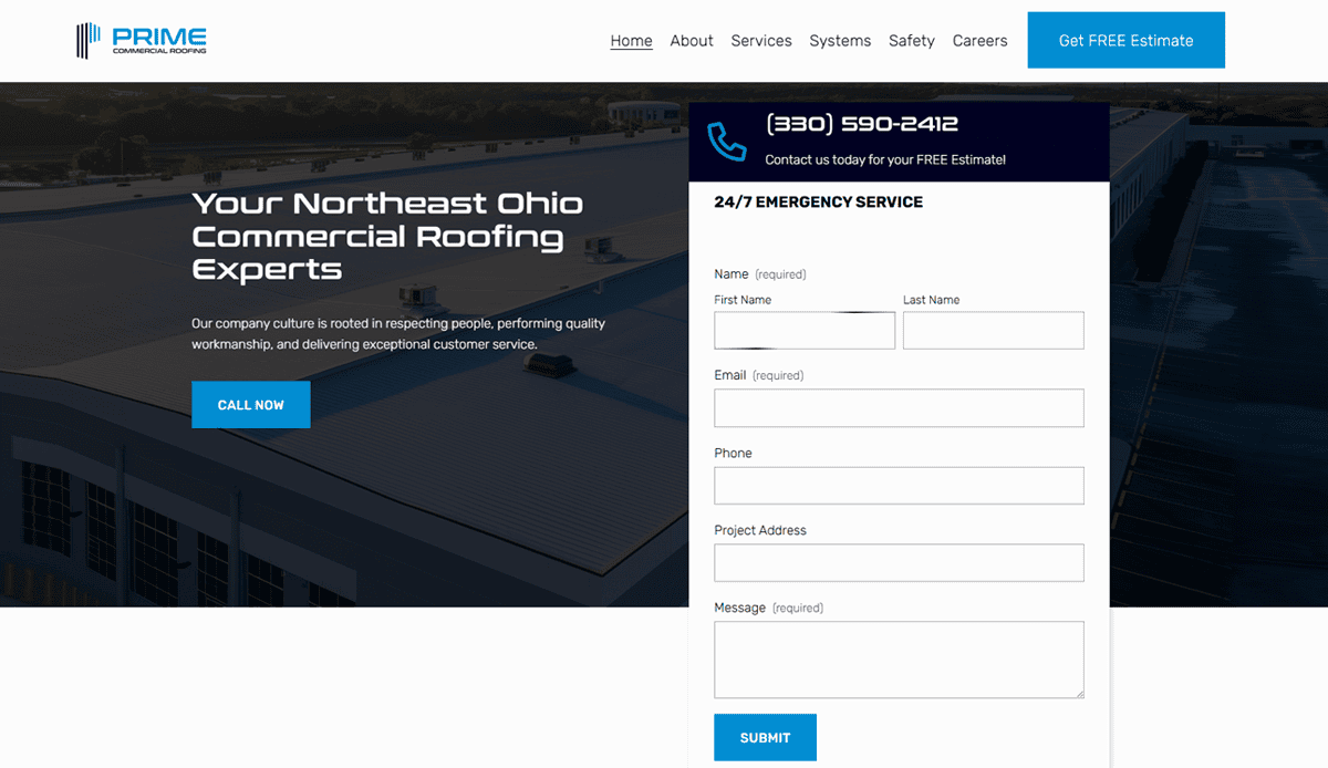 Screenshot of a commercial roofing company's website featuring a contact form for emergency service, phone number, company logo, navigation bar, and a blue “Call Now” button—showcasing effective website design to attract local leads.