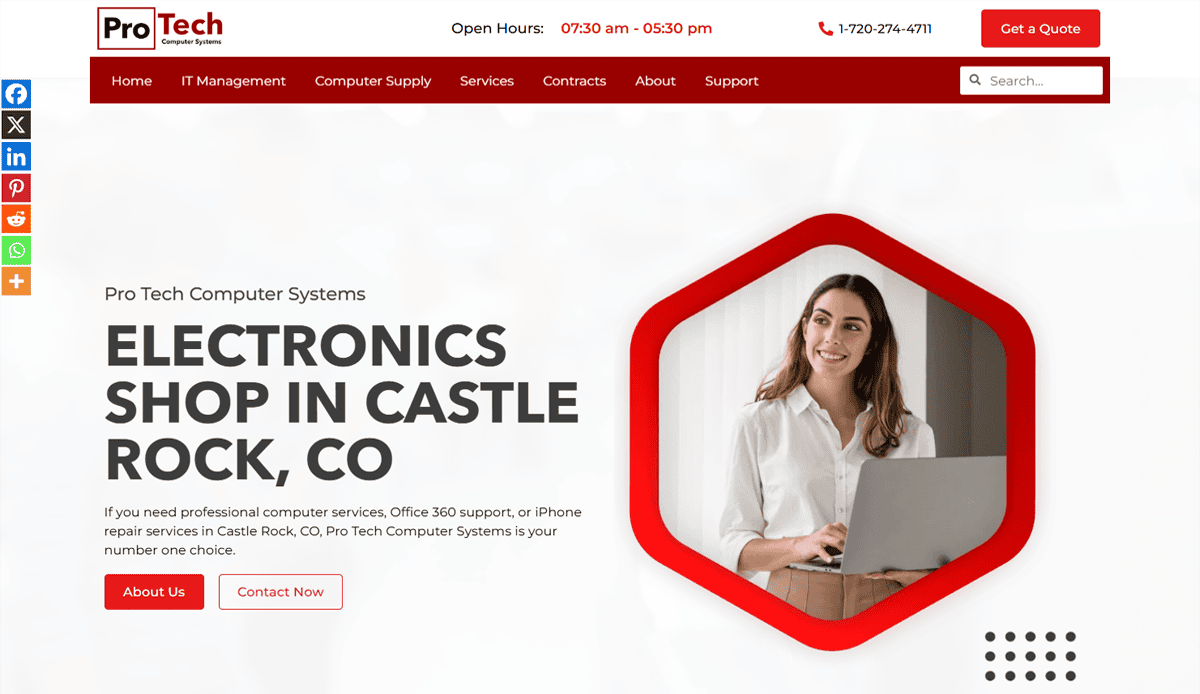 Screenshot of a website for Pro Tech Computer Systems, featuring a smiling woman with a laptop, bold text reading Electronics Shop in Castle Rock, CO, and modern 2025 website design with contact info and navigation menus at the top.