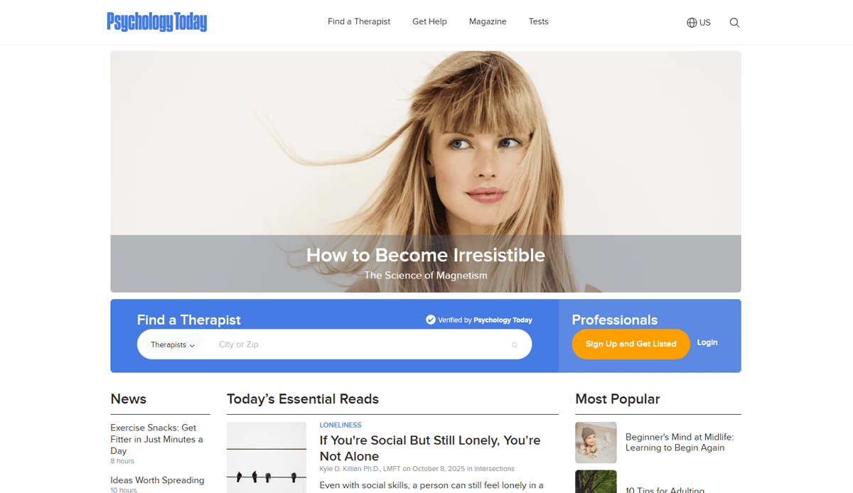 Screenshot of the Psychology Today homepage, featuring a woman with blonde hair and bangs above the headline How to Become Irresistible. Client-centered website design elements, like therapist search and article sections, are visible below.