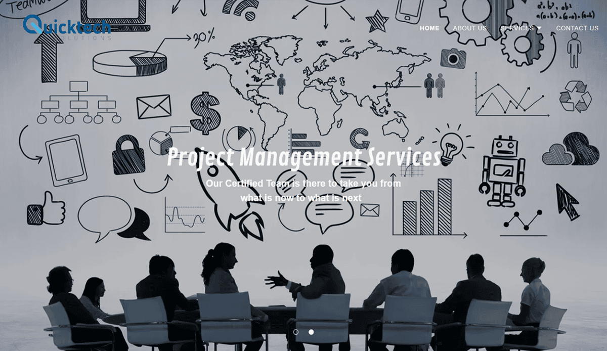 A group of people sit at a conference table, silhouetted against a wall filled with sketches of business icons, a world map, charts, and diagrams. Text reads “Project Management Services 2025.”.