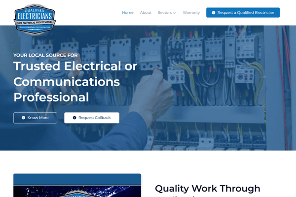 Screenshot of a website for electrical services, featuring a navigation menu, a banner with the text Trusted Electrical or Communications Professional, and an image of electrical equipment and wiring handled by qualified electricians.