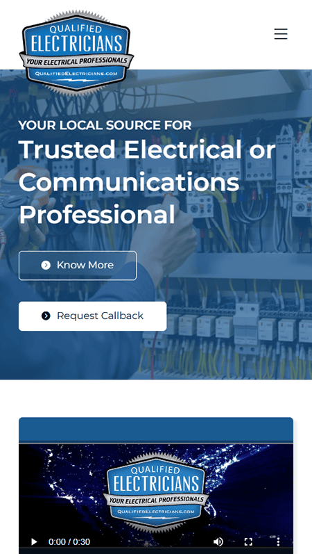 Screenshot of an electrician company website featuring qualified electricians offering services for residential, commercial, and industrial sectors, with a blue and white color scheme, contact details, client logos, and images of electrical projects.