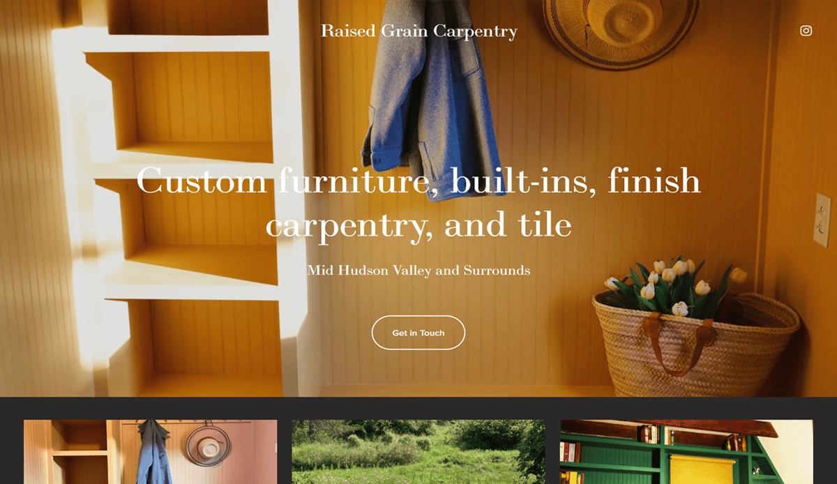 Screenshot of a carpentry portfolio site featuring a yellow room with shelves, hooks holding bags and a hat, and a basket of tulips; overlaid text advertises custom carpentry services by skilled Mid Hudson Valley carpenters.