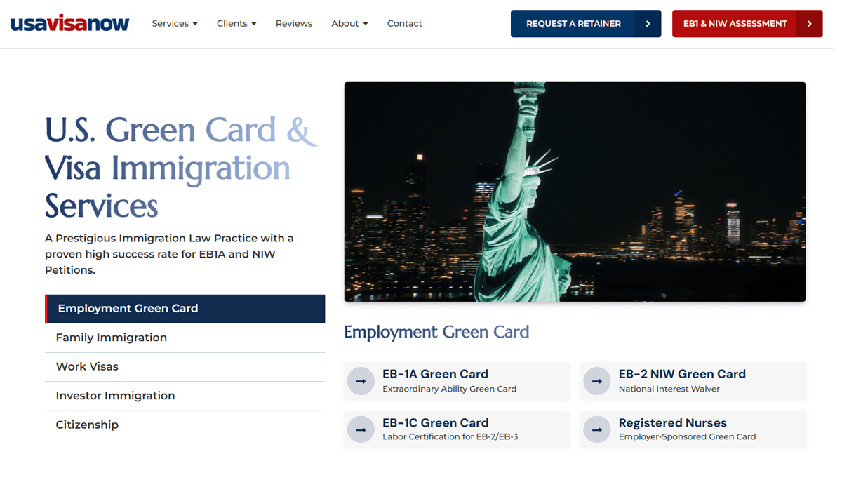 A website page for U.S. Green Card & Visa Immigration Services, featuring Attorney Website Design focused on SEO and Conversions, with a menu for Family Immigration and Work Visas, plus a photo of the Statue of Liberty against a city skyline at night.