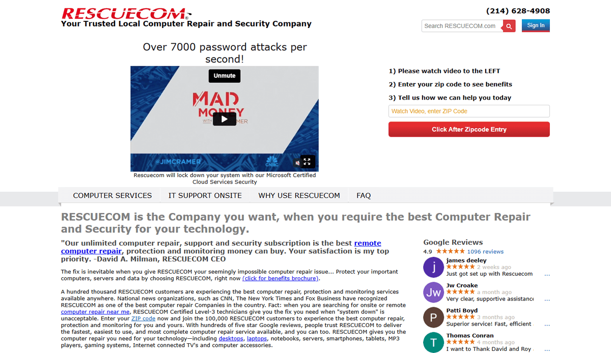 Screenshot of RESCUECOM’s website featuring their logo, contact number, a video on password attacks, ZIP code entry for computer repair service, customer reviews, and information about security services and modern website design.