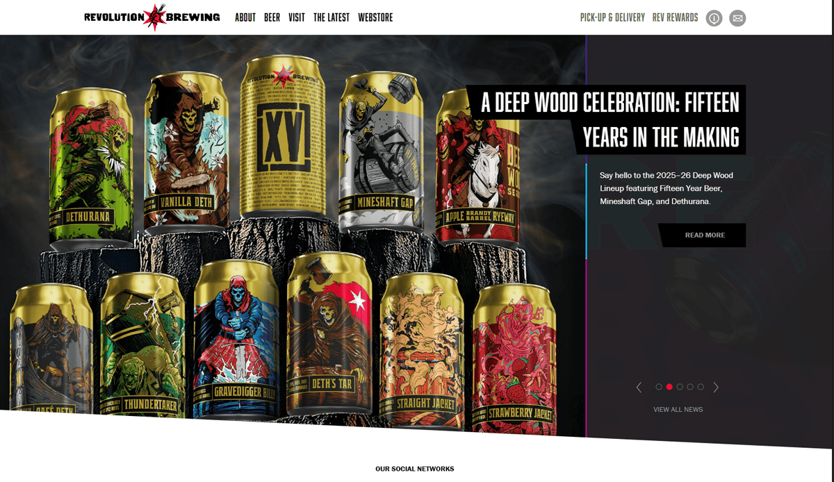 A display of colorful Revolution Brewing beer cans with bold artwork, stacked in front of a black background. Text on the right announces A Deep Wood Celebration: Fifteen Years in the Making—showcasing top brewery website design inspiration.