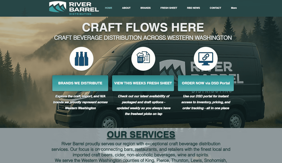 A website homepage for River Barrel Distributing, a leading beverage distributor, featuring a van with the company logo, intuitive website design with navigation links, and three main action buttons for brands, a fresh sheet, and ordering, plus a service description below.
