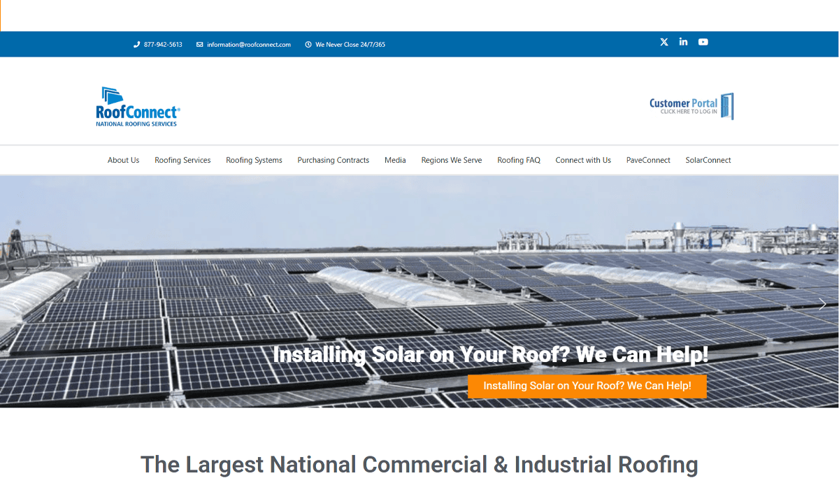 Rooftop covered with solar panels under a blue sky, featuring text: Installing Solar on Your Roof? We Can Help! RoofConnect branding and navigation menu at the top, highlighting our expertise in commercial roofing solutions.