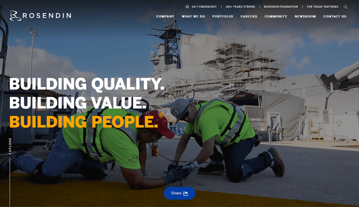 Two construction workers in safety vests and helmets collaborate on a large industrial site, with heavy equipment and a ship behind them. Text on the image reads, “BUILDING QUALITY. BUILDING VALUE. BUILDING PEOPLE.” — like a site that converts.