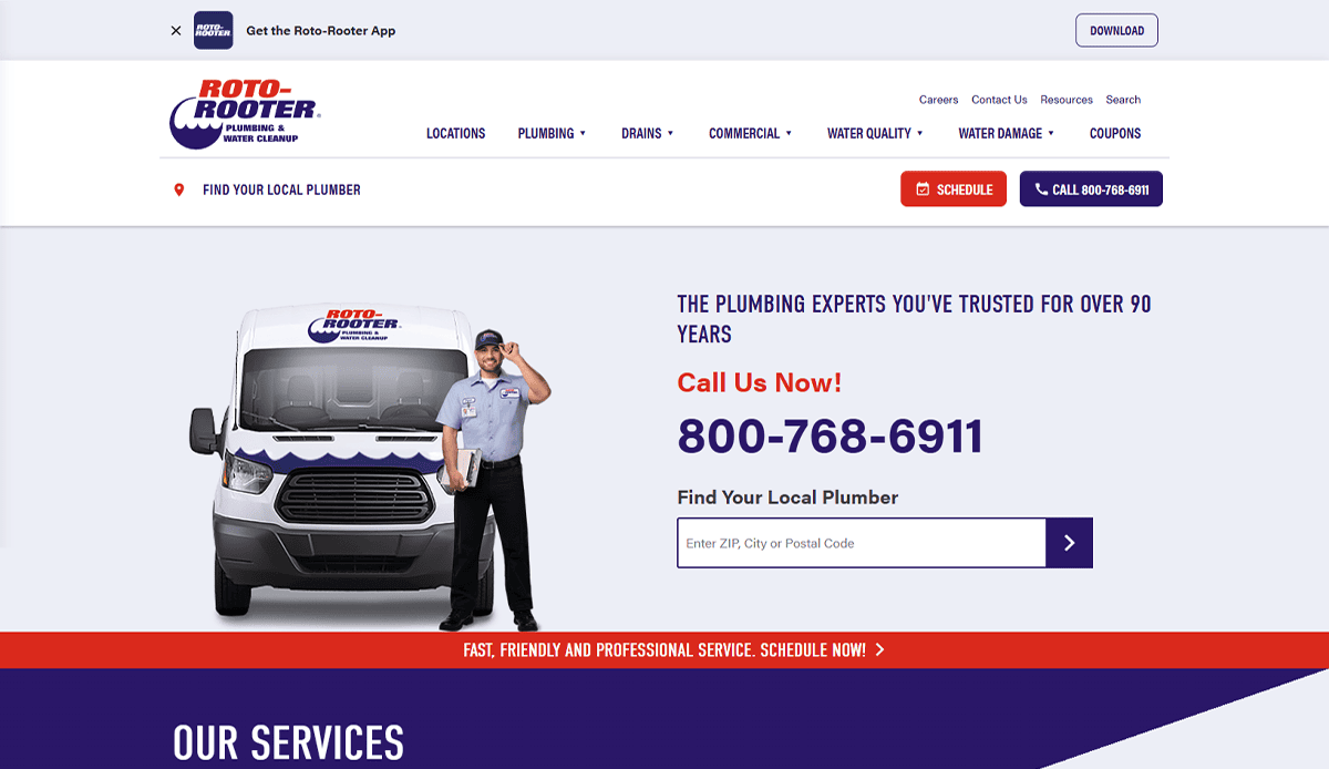 Roto-Rooter homepage featuring a plumber in front of a branded van, showcasing the company logo, contact info, and service options—an example of effective plumbing website design that drives results.