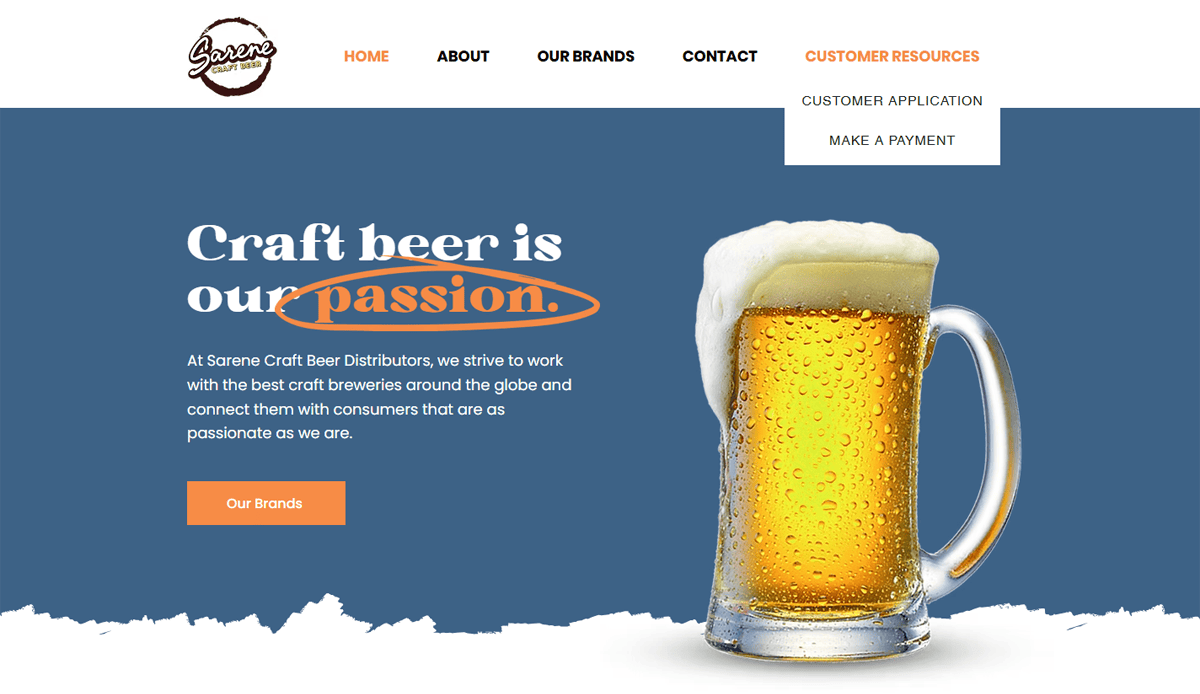 Website homepage for Soerne Craft Beer Distributors featuring a large glass of beer, company logo, navigation menu, and the text “Craft beer is our passion,” with “passion” highlighted in orange for enhanced user engagement.