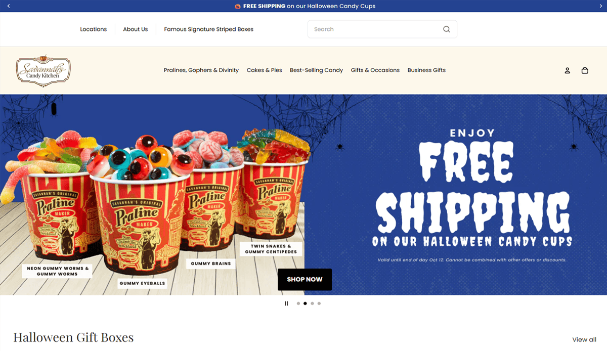 Homepage of a candy shop with eye-catching Candy Website Design, showcasing three Halloween-themed candy cups filled with colorful gummies and a side banner advertising “Free Shipping on our Halloween Candy Cups.”.