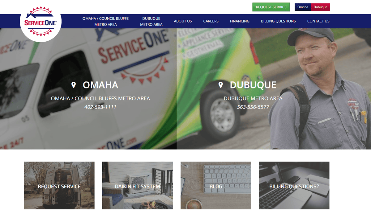 Screenshot of ServiceOne's homepage featuring service areas for Omaha and Dubuque, a technician, service vans, and navigation links for requesting service, Daikin IT systems, billing questions—all elements of a high-conversion plumbing website design.