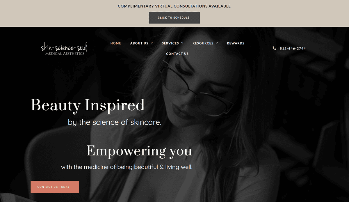 A grayscale cosmetic surgery website design for Skin Science Soul Medical Aesthetics, featuring a woman with glasses reading. The homepage promotes science-inspired beauty and virtual consultations to build trust and convert patients. Contact info and menu are visible.