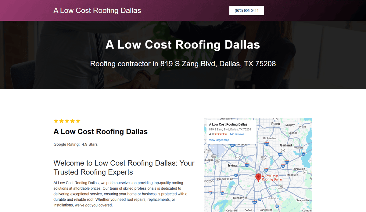 Screenshot of a website for A Low Cost Roofing Dallas, featuring the business name, contact number, address, 4.9-star Google rating, welcome message, and a map with a pin—showcasing expert strategies in commercial roofing website design.