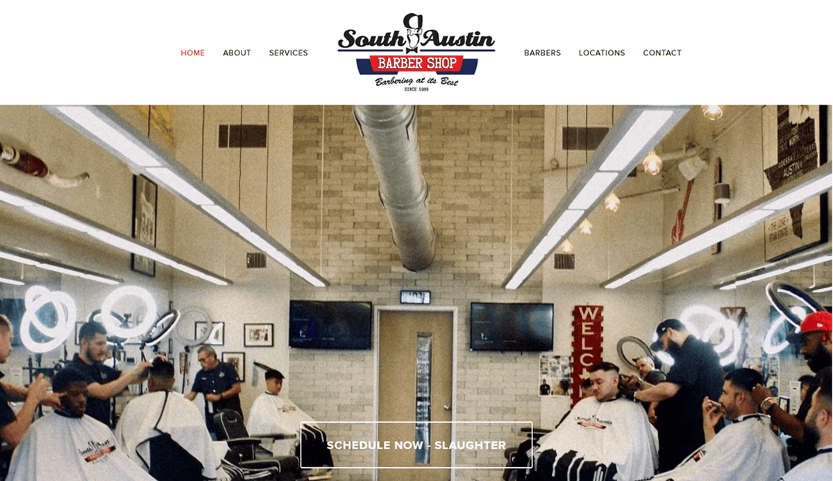 Interior of South Austin Barber Shop with barbers cutting hair for several customers. Bright lighting, mirrors, and barber chairs fill the modern, welcoming space. A sleek barber shop website design showcases the menu and logo at the top.