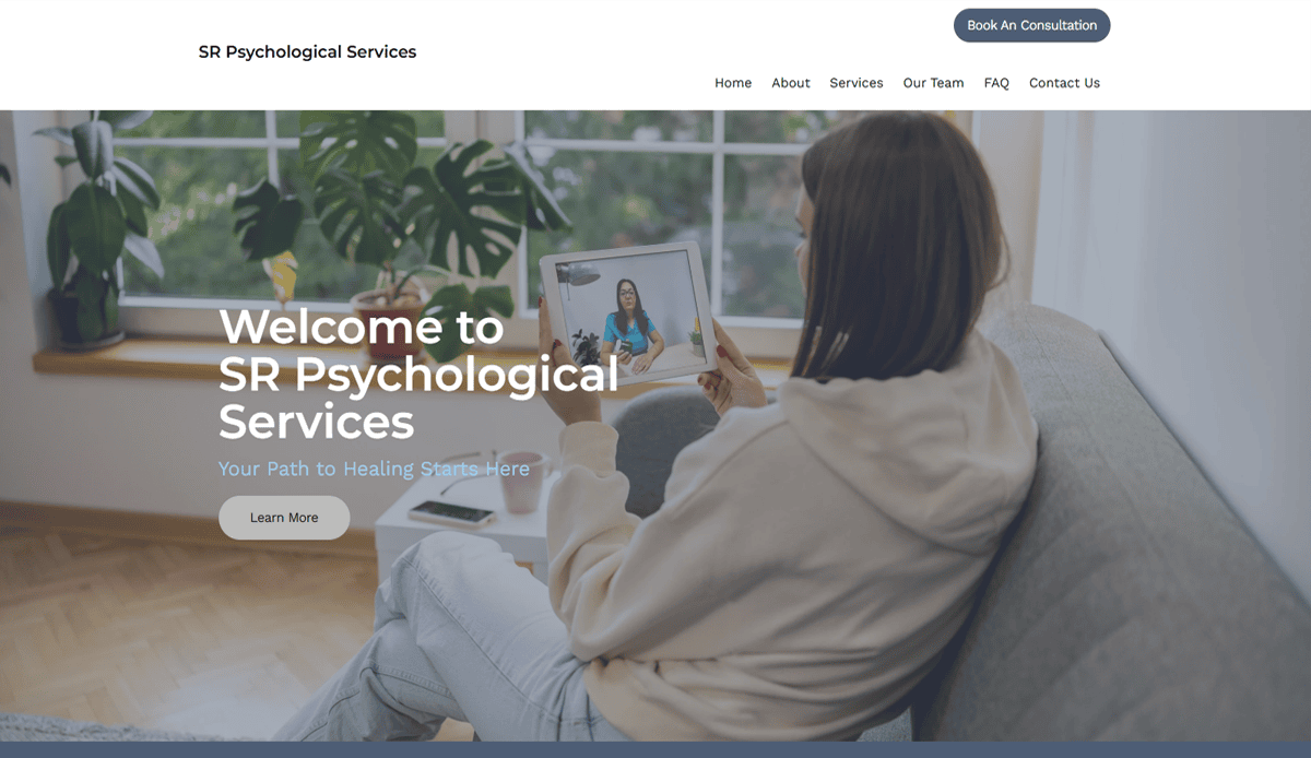 A woman sits on a sofa holding a tablet during a virtual therapy session. The SEO-optimized header reads SR Psychological Services with navigation links and a Book An Consultation button. Text overlay says, Welcome to SR Psychological Services.