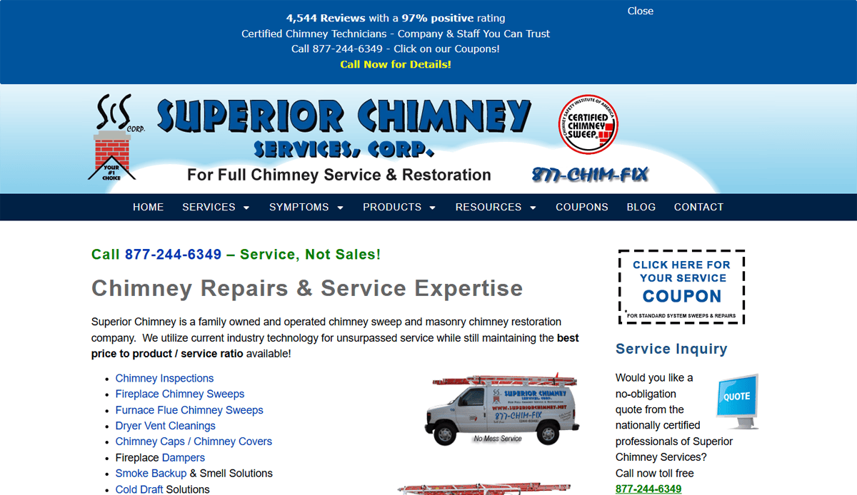 Screenshot of Superior Chimney Services Corp. chimney cleaner website design, featuring contact info, service details, repair van image, service menu, a coupon, and a blue banner with review ratings—perfect to attract local leads and build trust online.