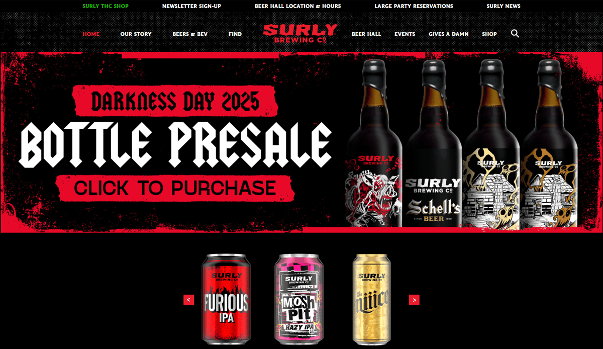 Screenshot of the Surly Brewing Co. website showcasing Darkness Day 2023 Bottle Presale. The Brewery website design highlights specialty beer bottles and cans, with a prominent Click to Purchase button reflecting modern design trends.
