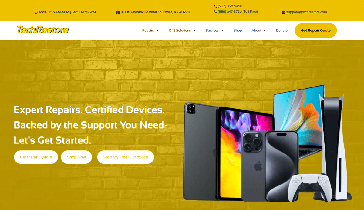 Homepage of TechRestore featuring a yellow brick background, various electronics like iPhones, iPads, MacBook, and PlayStation controller. Contact info in the header with buttons for repair quotes, instant quotes, scanning services, and expert computer repair.