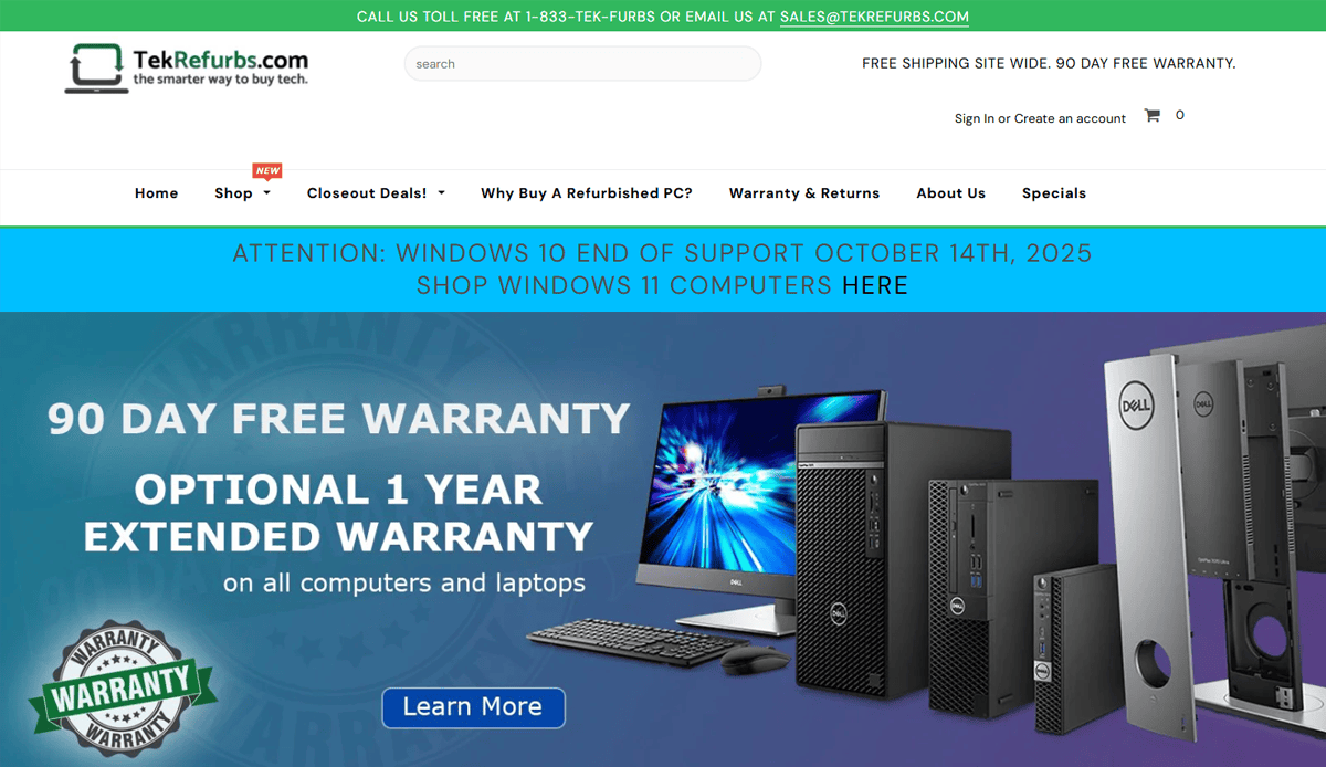 Screenshot of TekRefurbs homepage showing refurbished computers and laptops, a 90-day free warranty, a Windows 10 end of support banner for 2025, sleek website design, site navigation, contact info, and computer repair options.
