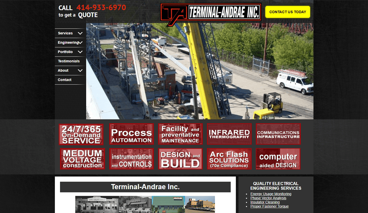 Screenshot of Terminal-Andrae Inc.’s website design showing commercial electrician services, contact info, a construction site photo with a crane, company logo, and menu options for services, testimonials, and project portfolio.