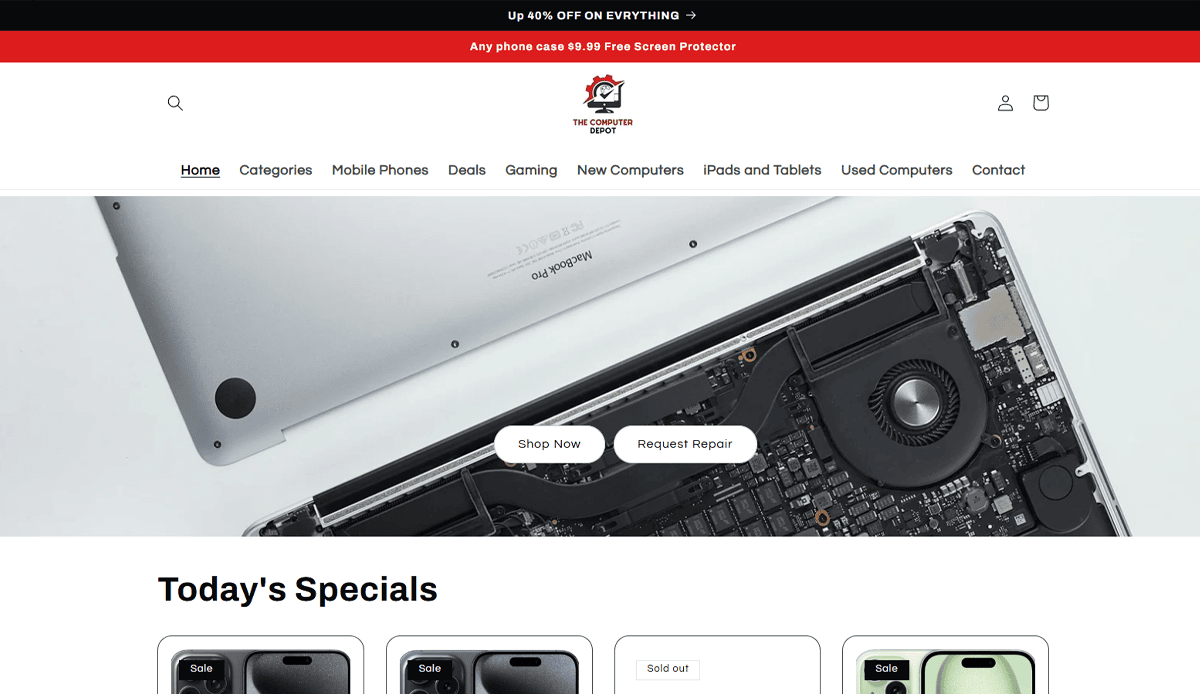 Screenshot of a 2025 computer repair website homepage, featuring a banner about phone deals, sleek website design, a navigation menu, and an image of an open laptop being repaired with “Shop Now” and “Request Repair” buttons.