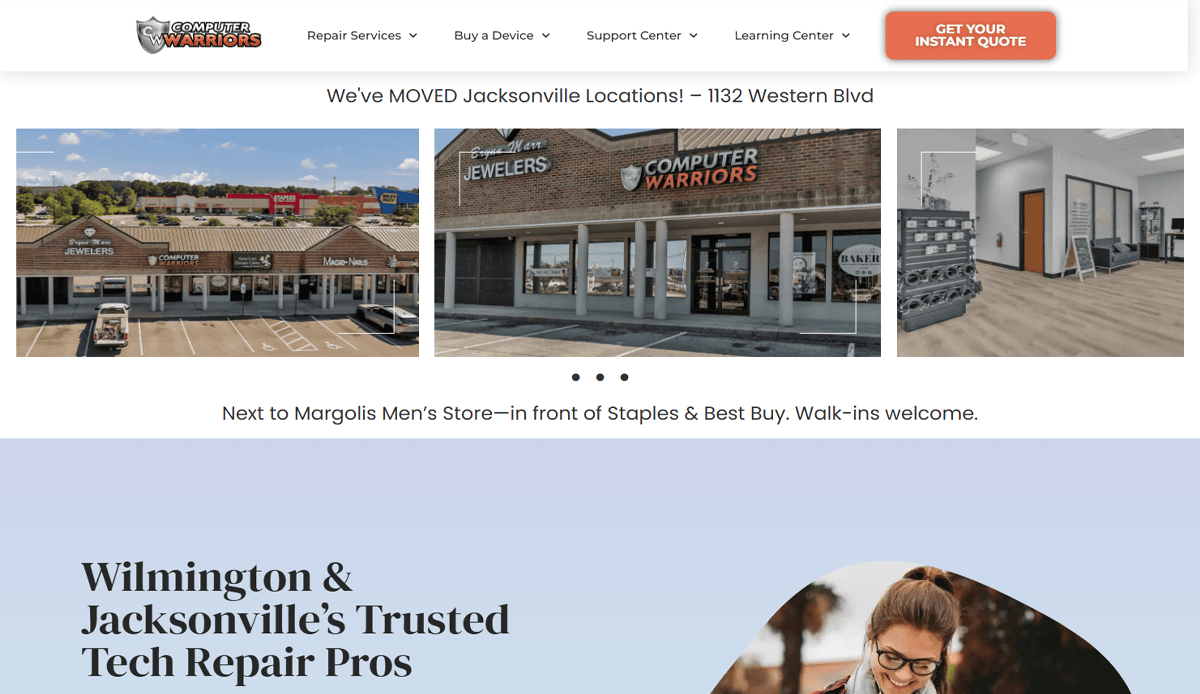 Screenshot of the Computer Warriors website highlighting their new Jacksonville location, featuring modern website design and a welcoming message for walk-ins. The site showcases tech and computer repair services with an instant quote button.