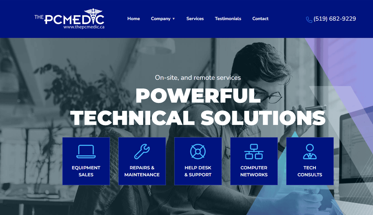 Website homepage for The PCMedic featuring a blue theme, headline Powerful Technical Solutions, service icons for equipment sales, computer repair, help desk, networks, and tech consults—plus easy navigation, website design highlights, and contact info for 2025.