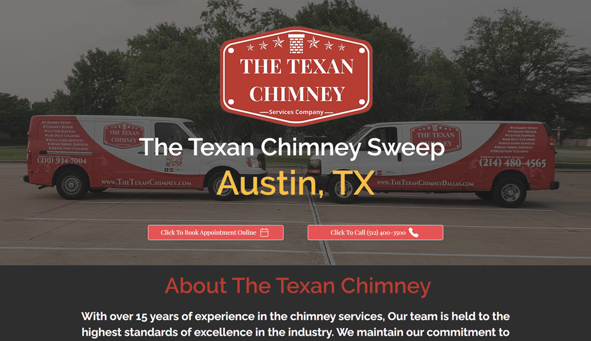 Two red and white vans branded “The Texan Chimney” are parked side by side. The website showcases chimney sweep services in Austin, TX with strong conversion features and easy booking and calling options.