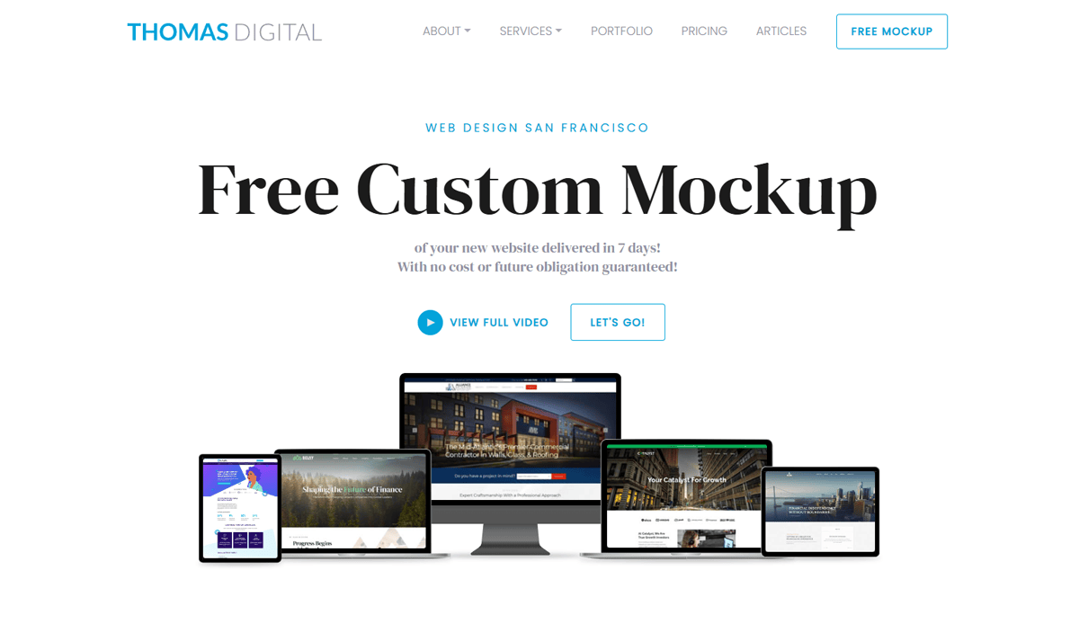 Screenshot of a web page offering a free client-centered website mockup, featuring the headline Free Custom Mockup and images of psychotherapist website designs displayed on desktop, laptop, tablet, and smartphone.