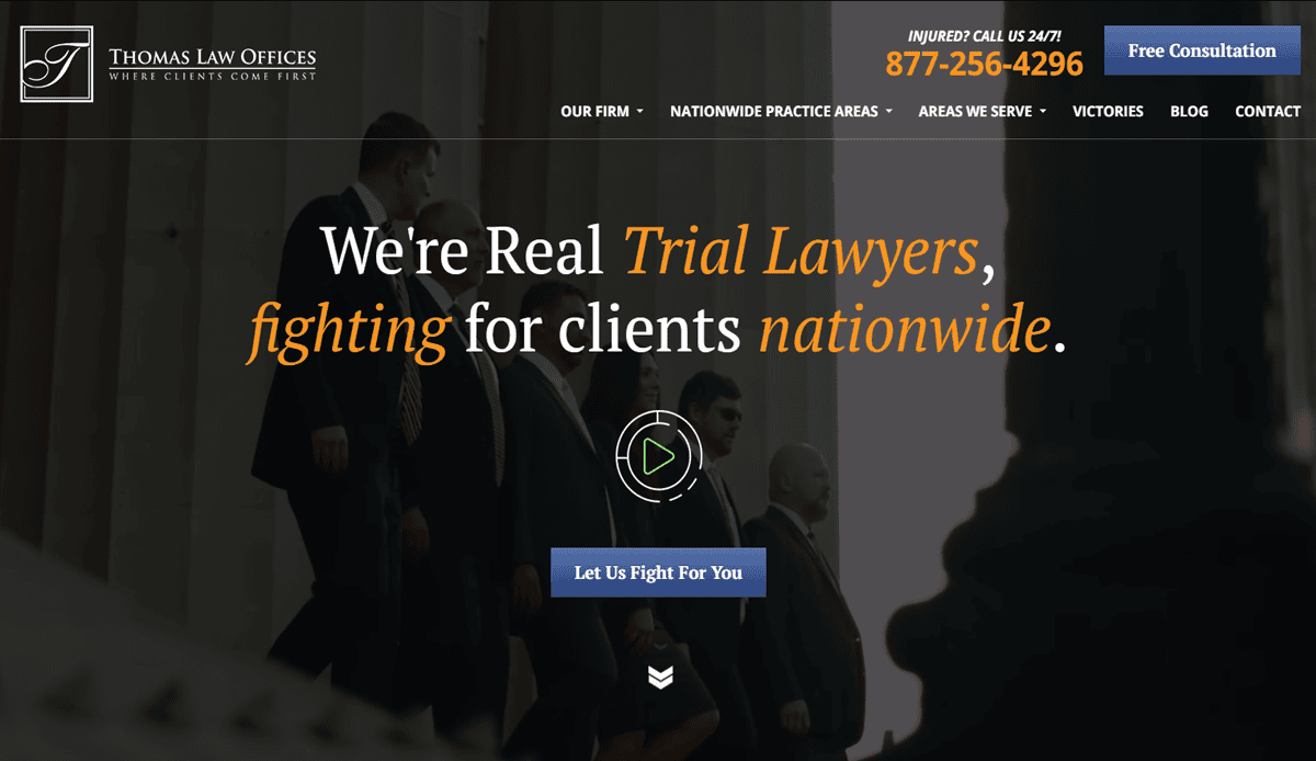 A group of people in business attire walk down courthouse steps; overlay text reads, We’re Real Trial Lawyers, fighting for clients nationwide. Attorney website design drives conversions—contact details and navigation menu are at the top of the image.