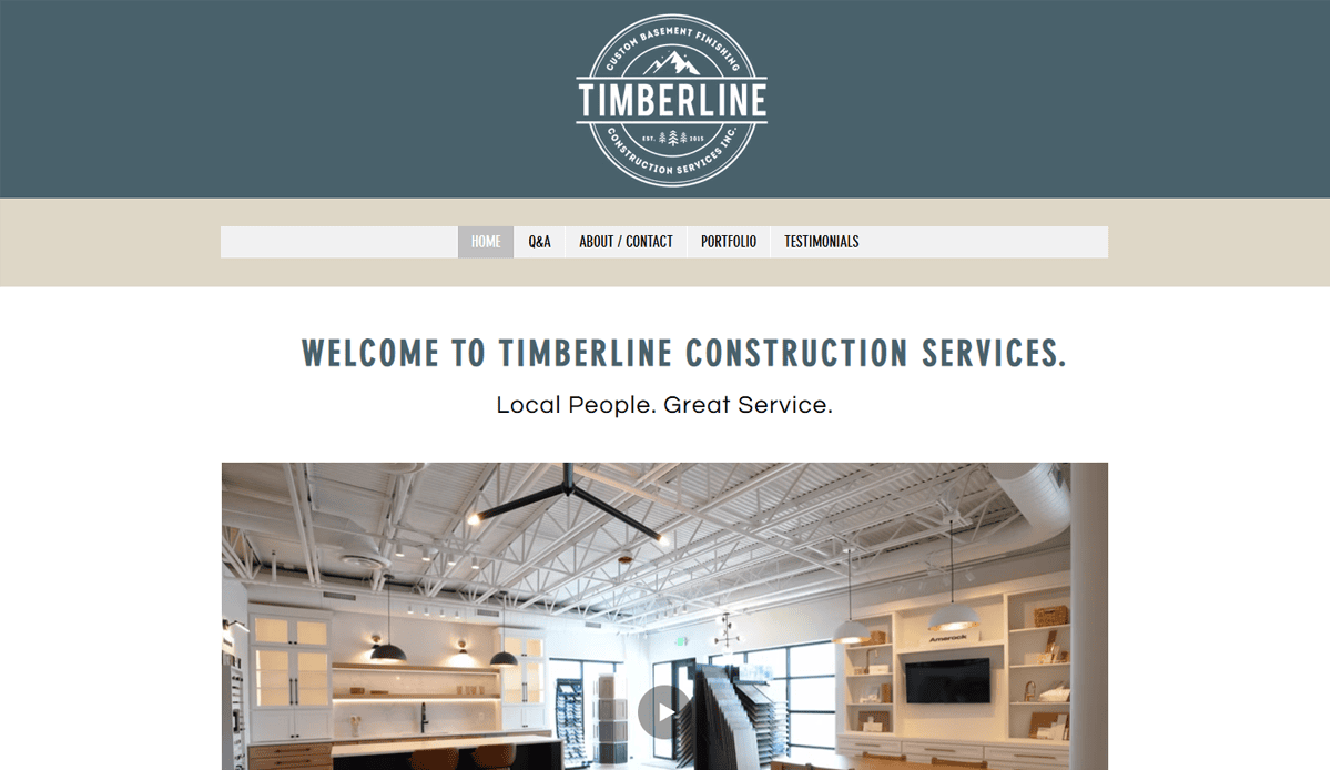 Screenshot of Timberline Construction Services website featuring a logo, navigation menu, and a welcome message above an image of a modern office—an ideal example of high-converting website design for carpenters.