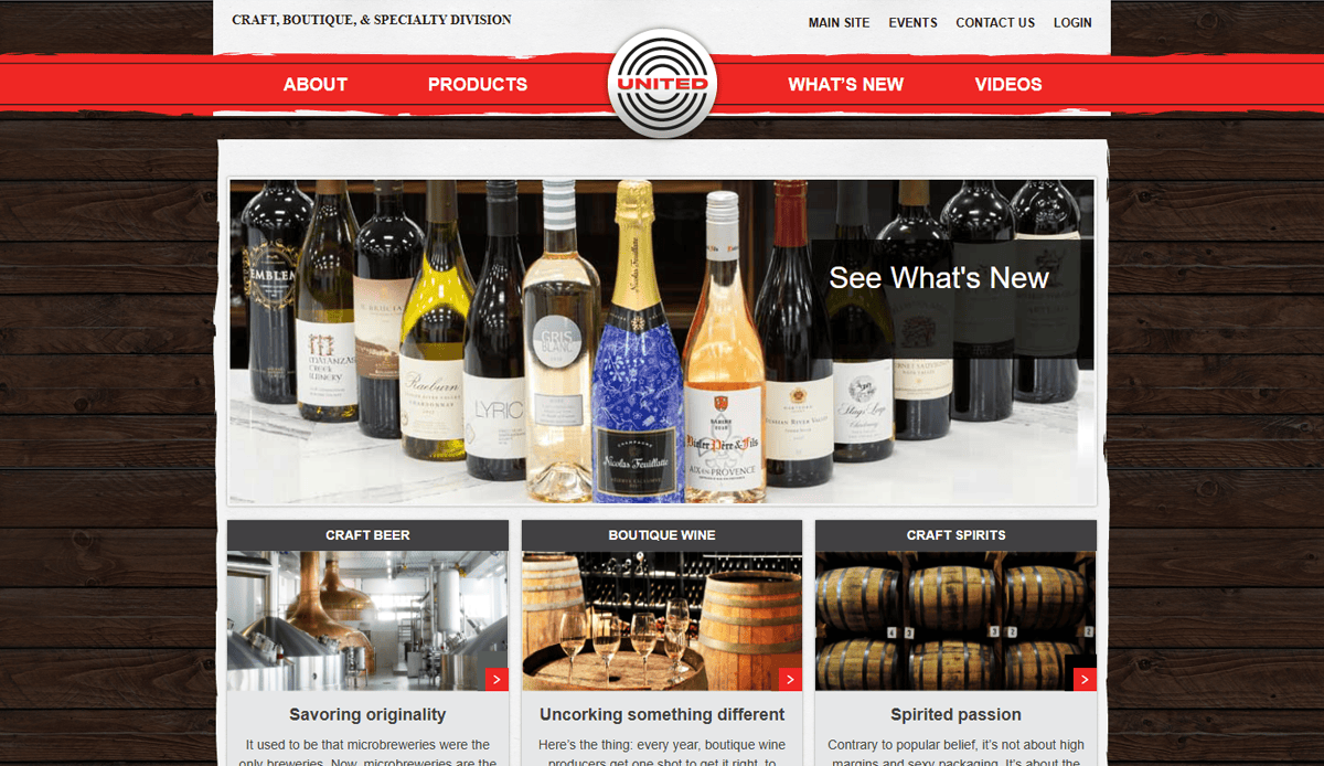 Screenshot of a beverage distributor website featuring a United logo header, navigation menu, and carousel images of wine bottles. Sections below showcase craft beer, boutique wine, and craft spirits—perfect for SEO-focused website design inspiration.