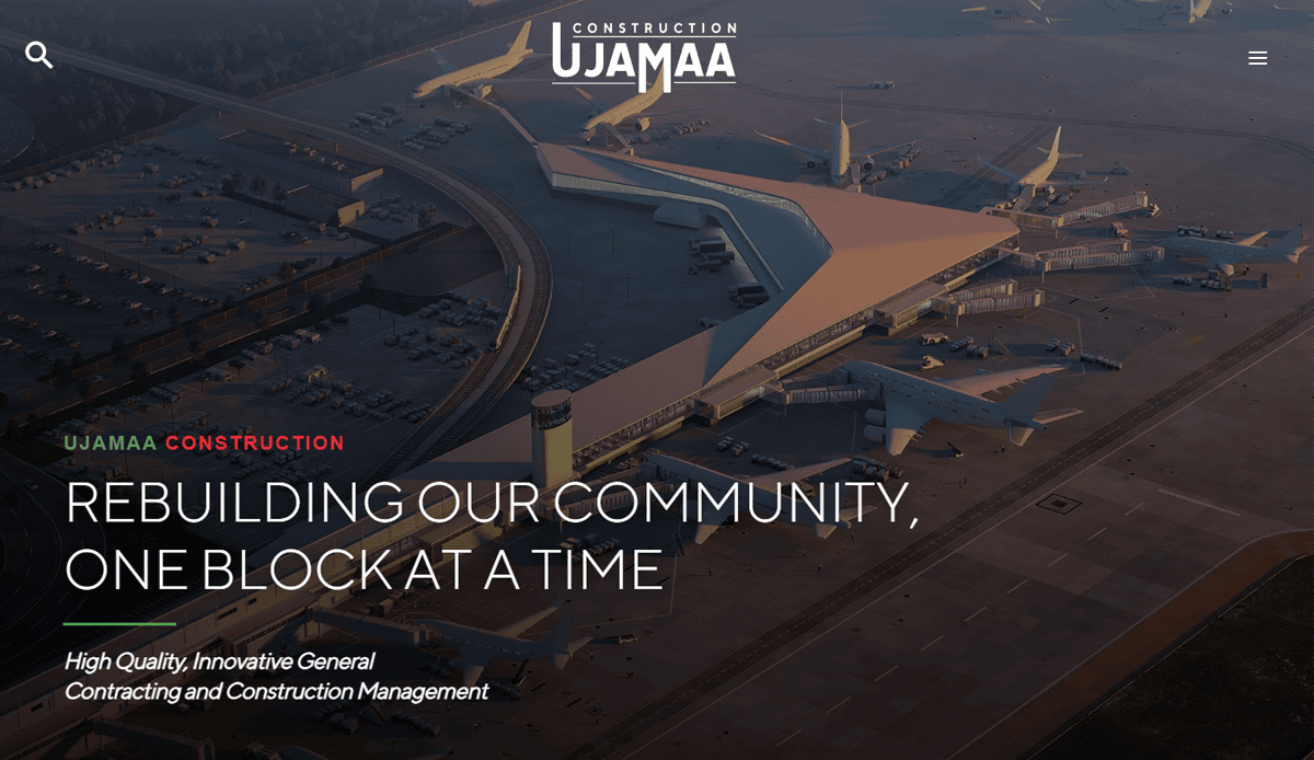 Aerial view of a large airport terminal with multiple airplanes parked at gates. Text overlay reads: UJAMAA Construction—rebuilding our community, one block at a time with expert commercial electrician services.