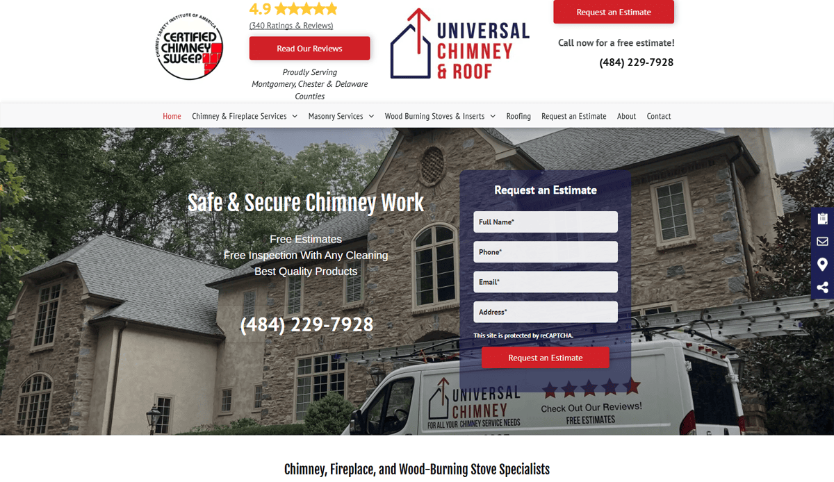 Screenshot of a chimney and roof company’s website featuring Chimney Repair services, a stone house, a Universal Chimney & Roof van, a request estimate form, contact info, and a 4.9-star customer review—showcasing strong Local SEO.