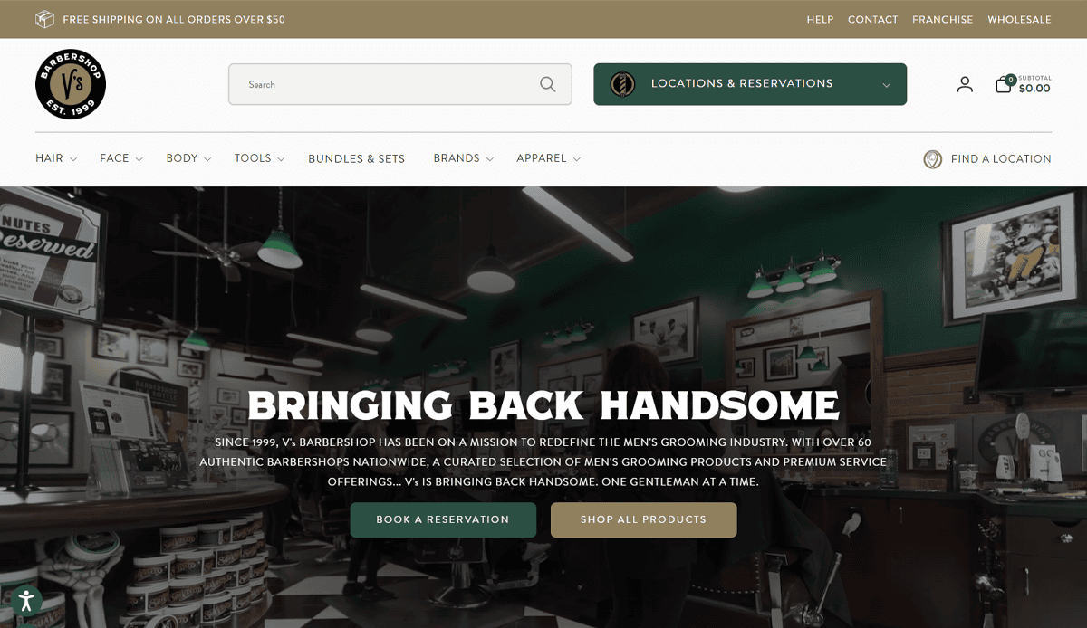A Barber Shop Website homepage featuring a vintage-style interior with chairs, mirrors, and grooming products. The headline reads “Bringing Back Handsome” with call-to-action buttons for booking and shopping.
