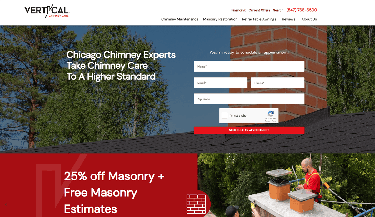 Screenshot of a chimney repair website design showing a brick chimney against a blue sky, a contact form with conversion features, and a banner offering 25% off masonry services and free estimates; two workers repair a chimney at the bottom.
