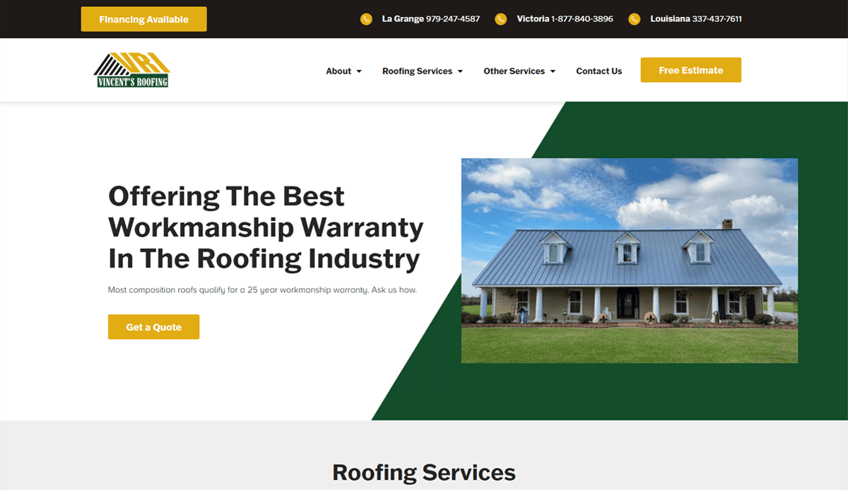 Screenshot of a roofing company's website homepage featuring their logo, contact numbers, a house with a metal roof, and text highlighting a 25-year workmanship warranty on commercial roofing services and website design that attracts local leads.