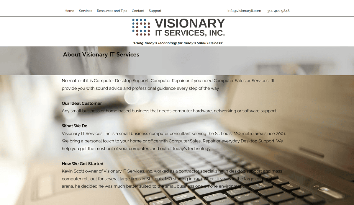 Screenshot of Visionary IT Services, Inc. website homepage featuring the company logo, contact info, service overview including computer repair, and a blurred background image. Main text highlights IT support and website design for small businesses in 2025.