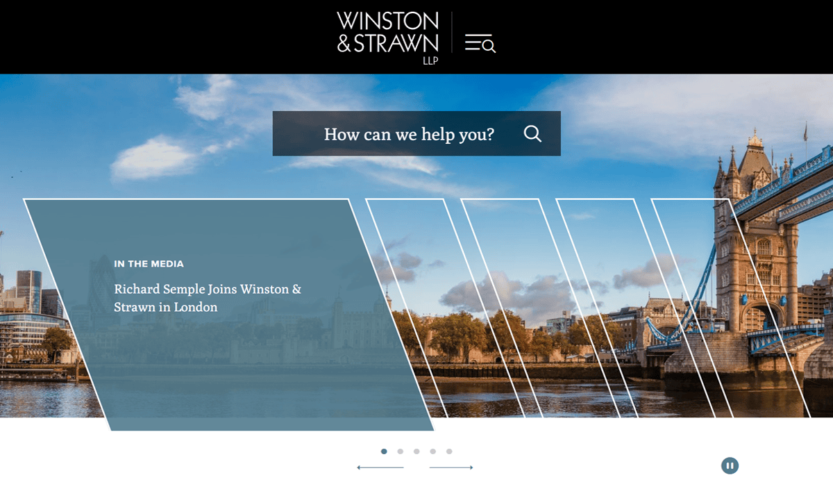 Homepage of Winston & Strawn LLP featuring a search bar, a news headline about Richard Semple joining in London, and an image of London’s Tower Bridge under a blue sky—exemplifying modern attorney website design.