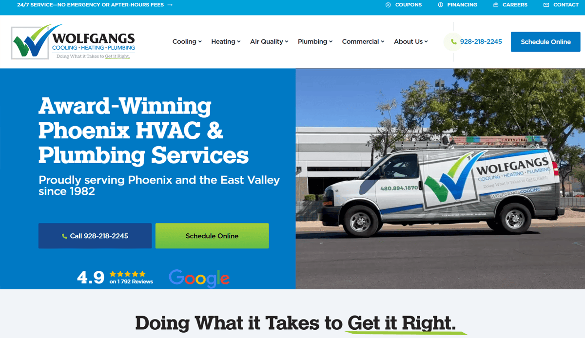A website homepage for Wolfgangs Cooling, Heating, and Plumbing showcases a branded service van, business details, contact number, 4.9-star Google rating, and buttons for scheduling service or calling—crafted with expert Plumbing Website Design for maximum impact.