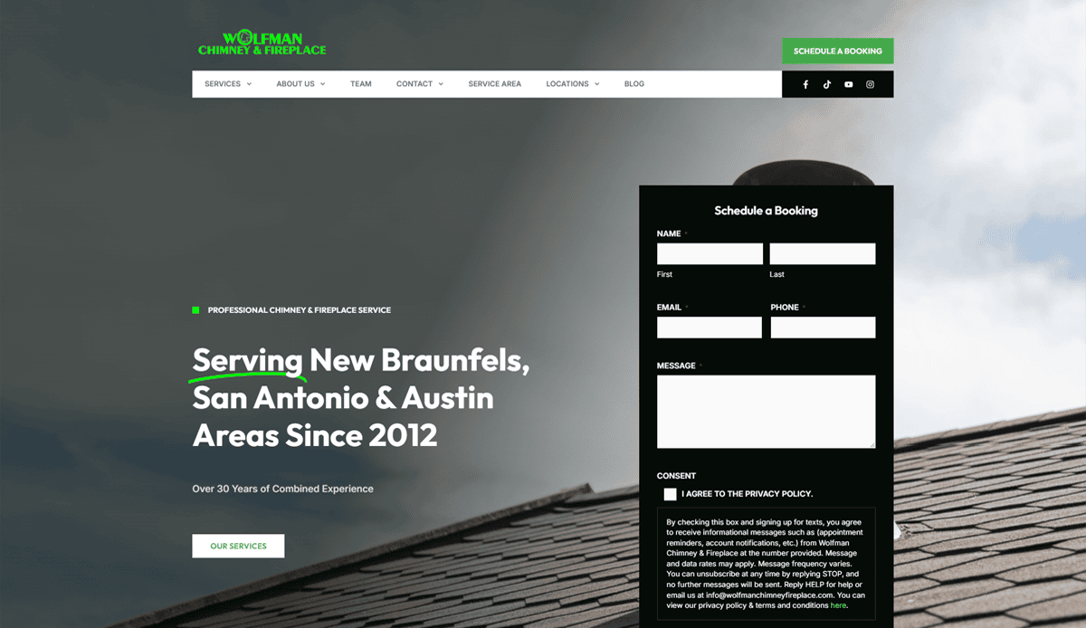 Screenshot of Wolfman Chimney & Fireplace’s homepage featuring a booking form, company logo, navigation menu, “Serving New Braunfels, San Antonio & Austin Areas Since 2012” text, and shingled roof—highlighting smart chimney repair website design and conversion features.