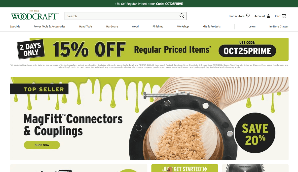 Screenshot of the Woodcraft website featuring a banner for 15% off regular priced items with code OCT25PRIME, plus a highlighted section for MagFitt connectors and couplings—a top seller among carpenters—with a 20% off badge.